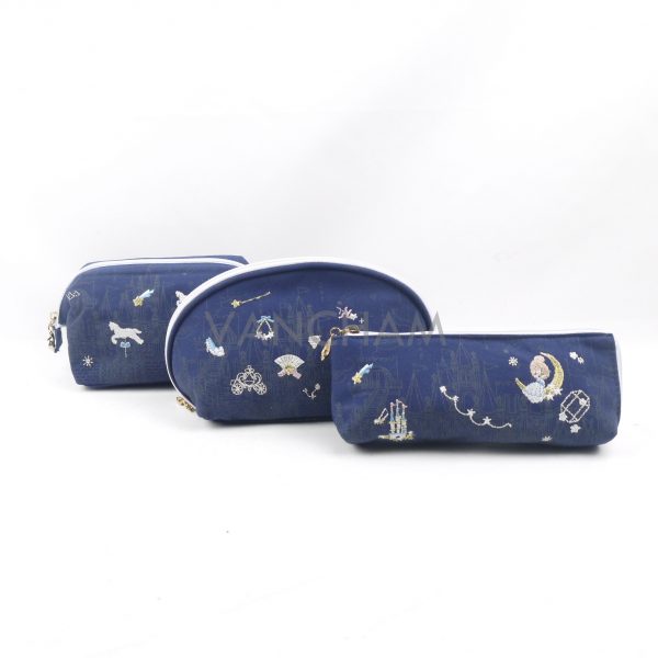Princess Cinderella embroidered blue cosmetic bag with castle ball printing