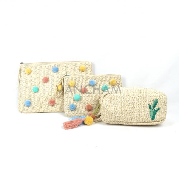 Cactus embroidery straw Cosmetic Bag with pompon